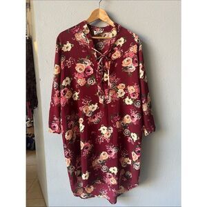 Women's Burgundy Floral Lace-Up Long Sleeve Dress